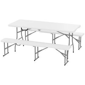 Outsunny 6FT 3 PCS Portable Camping Table and Chairs, Folding Picnic Table Bench Set with Carrying Handles for BBQ, Party, White