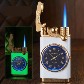 Lighter With Electric Watch Rocker Arm Automatic Ignition Straight Blue Flame Lighter Creative Real Dial Inflatable Windproof Lighter Men's Watch (Color: Luminous white)