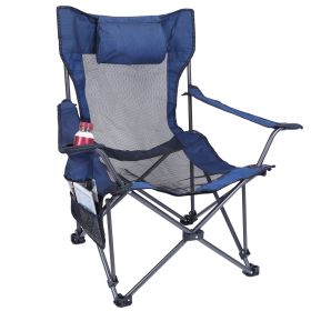 Foldable Camping Chair Collapsible Reclining Chair 330LBS Load Heavy Duty Steel Lawn Chair with Reclining Backrest Angle Cup Holder Pillow Side Pocket (Color: Blue)