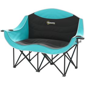Outsunny Padded Folding Camp Chair for Adults, Double Camping Chairwith Armrests, Cup Holders, Carry Bag for Outdoor (Color: Green)